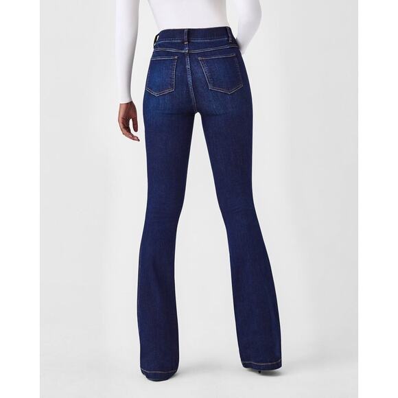 Spanx Indigo Blue Stretch Denim Flare Jeans Pull Up Slimming Comfort Womens L - Picture 10 of 17